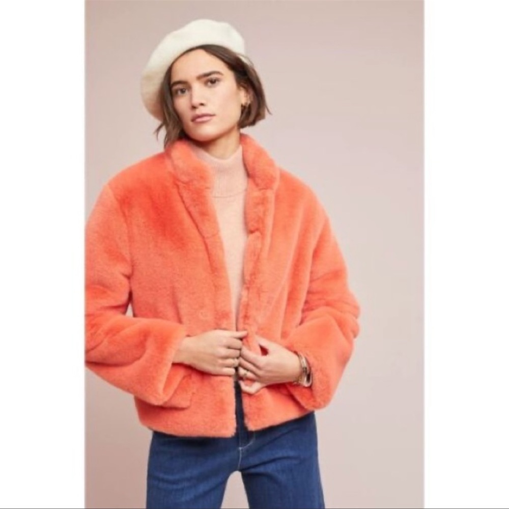 Anthropologie DRA Los Angeles Faux Fur Teddy Coat Orange XS